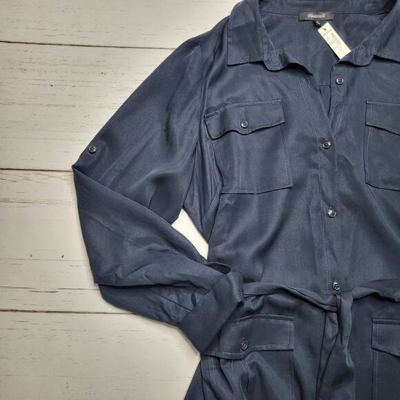 Madewell Utility Tie Waist Maxi Shirt Dress Navy Blue Button Down Pockets Large - Picture 6 of 10